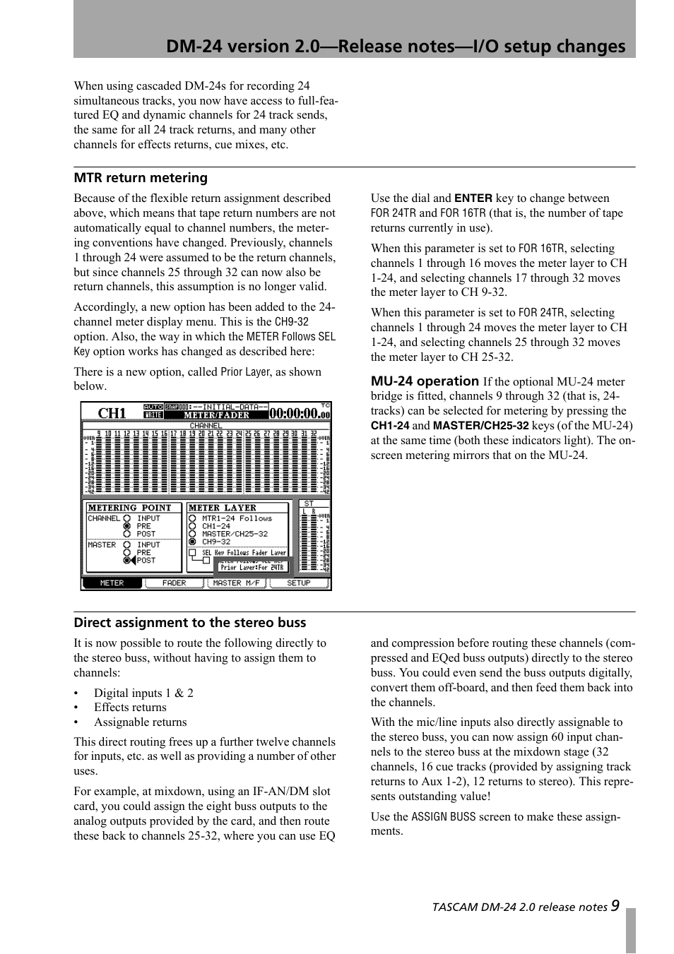 Mtr return metering, Mu-24 operation, Direct assignment to the stereo buss | Teac DM-24 Addendum User Manual | Page 9 / 28