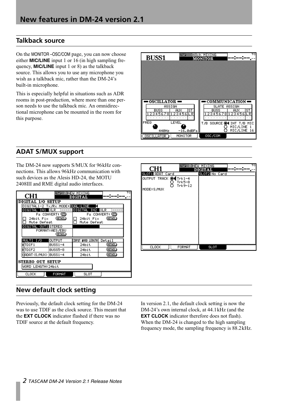 Talkback source, Adat s/mux support, New default clock setting | New features in dm-24 version 2.1 | Teac DM-24 New features User Manual | Page 2 / 3