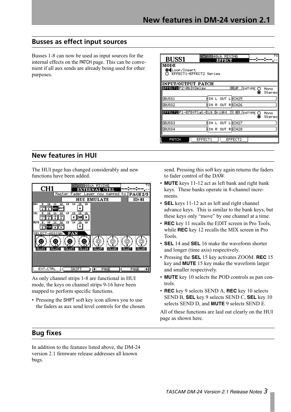 Busses as effect input sources, New features in hui, Bug fixes | New features in dm-24 version 2.1, 3busses as effect input sources | Teac DM-24 New features User Manual | Page 3 / 3