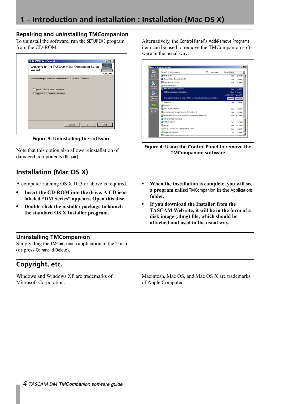 Repairing and uninstalling tmcompanion, Installation (mac os x), Uninstalling tmcompanion | Copyright, etc | Teac DM-3200 Software Guide User Manual | Page 4 / 8