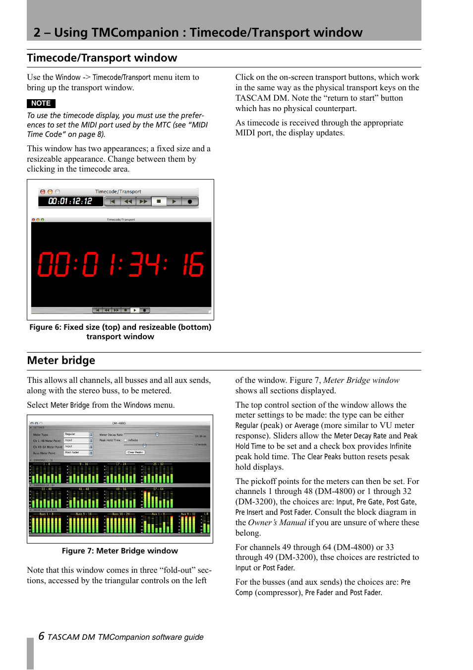 Timecode/transport window, Meter bridge, Timecode/transport window meter bridge | 2 – using tmcompanion : timecode/transport window | Teac DM-3200 Software Guide User Manual | Page 6 / 8