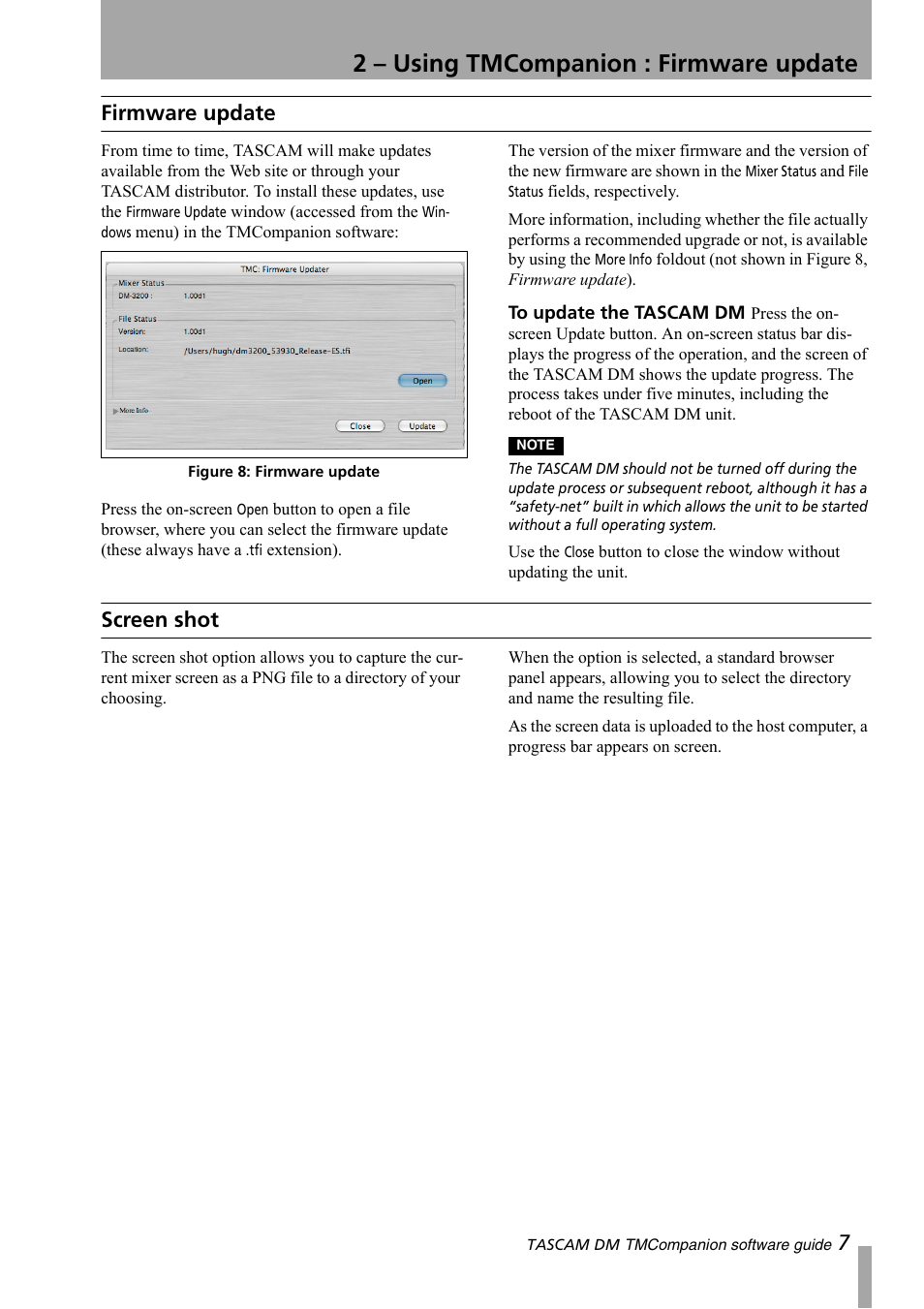 Firmware update, Screen shot, Firmware update screen shot | 2 – using tmcompanion : firmware update, 7firmware update | Teac DM-3200 Software Guide User Manual | Page 7 / 8