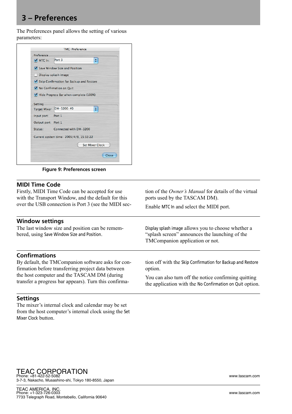 3 - preferences, Midi time code, Window settings | Confirmations, Settings, 3 – preferences, Teac corporation | Teac DM-3200 Software Guide User Manual | Page 8 / 8