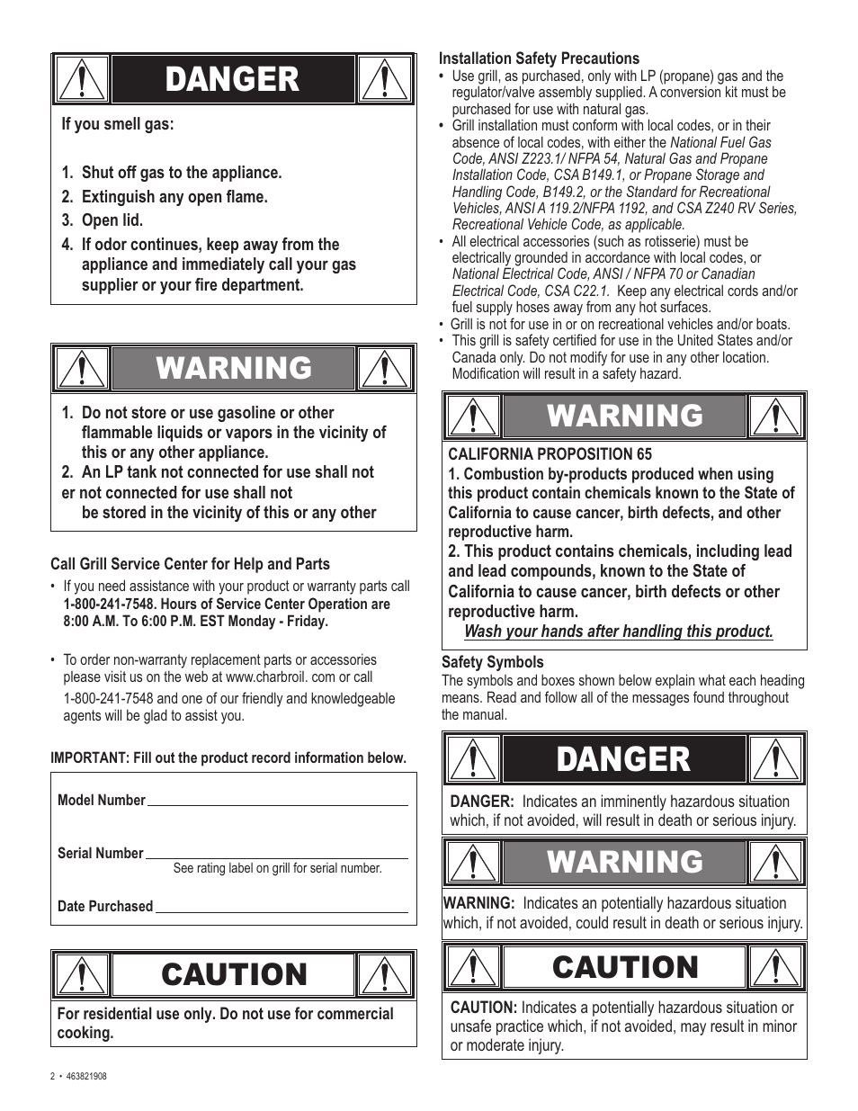 Danger, Warning caution, Warning | Caution | Char-Broil 463821908 User Manual | Page 2 / 28