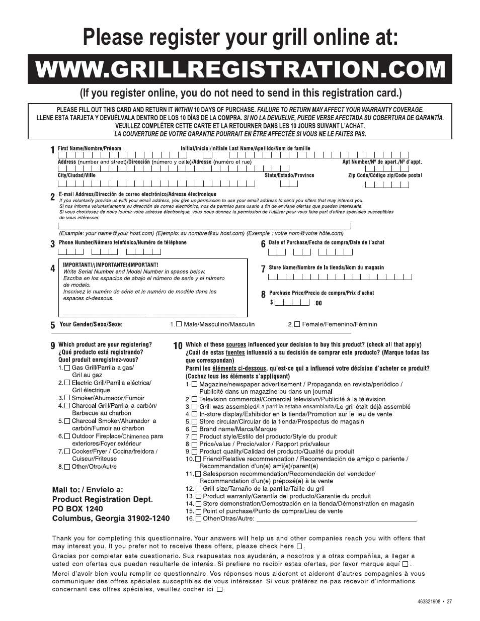 Please register your grill online at | Char-Broil 463821908 User Manual | Page 27 / 28