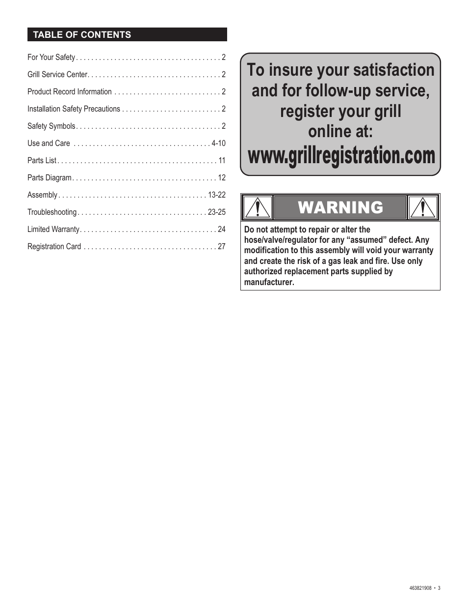 Warning | Char-Broil 463821908 User Manual | Page 3 / 28