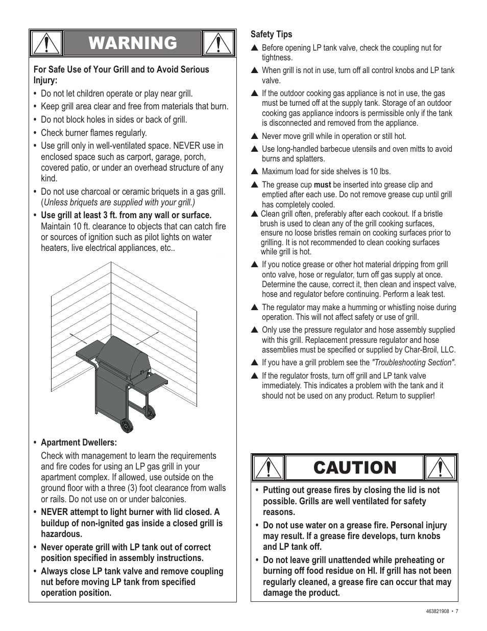 Warning, Caution | Char-Broil 463821908 User Manual | Page 7 / 28