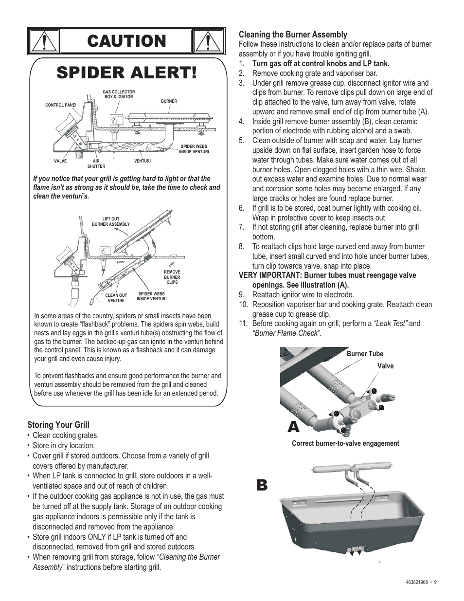 Caution, Spider alert | Char-Broil 463821908 User Manual | Page 9 / 28