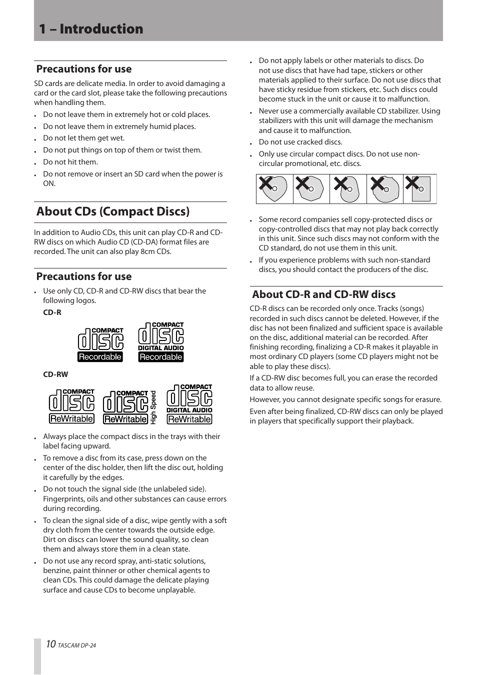 Precautions for use, About cds (compact discs), About cd-r and cd-rw discs | Precautions for use about cd-r and cd-rw discs, 1 – introduction | Teac DP-24 User Manual | Page 10 / 108