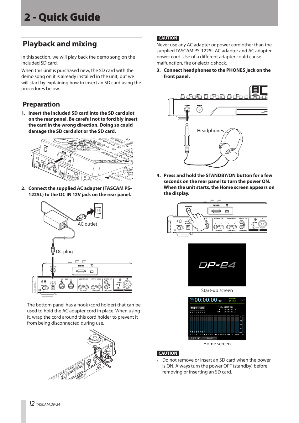 2 - quick guide, Playback and mixing, Preparation | Teac DP-24 User Manual | Page 12 / 108