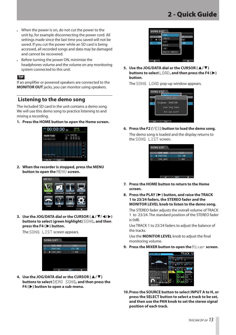 Listening to the demo song, 2 - quick guide | Teac DP-24 User Manual | Page 13 / 108