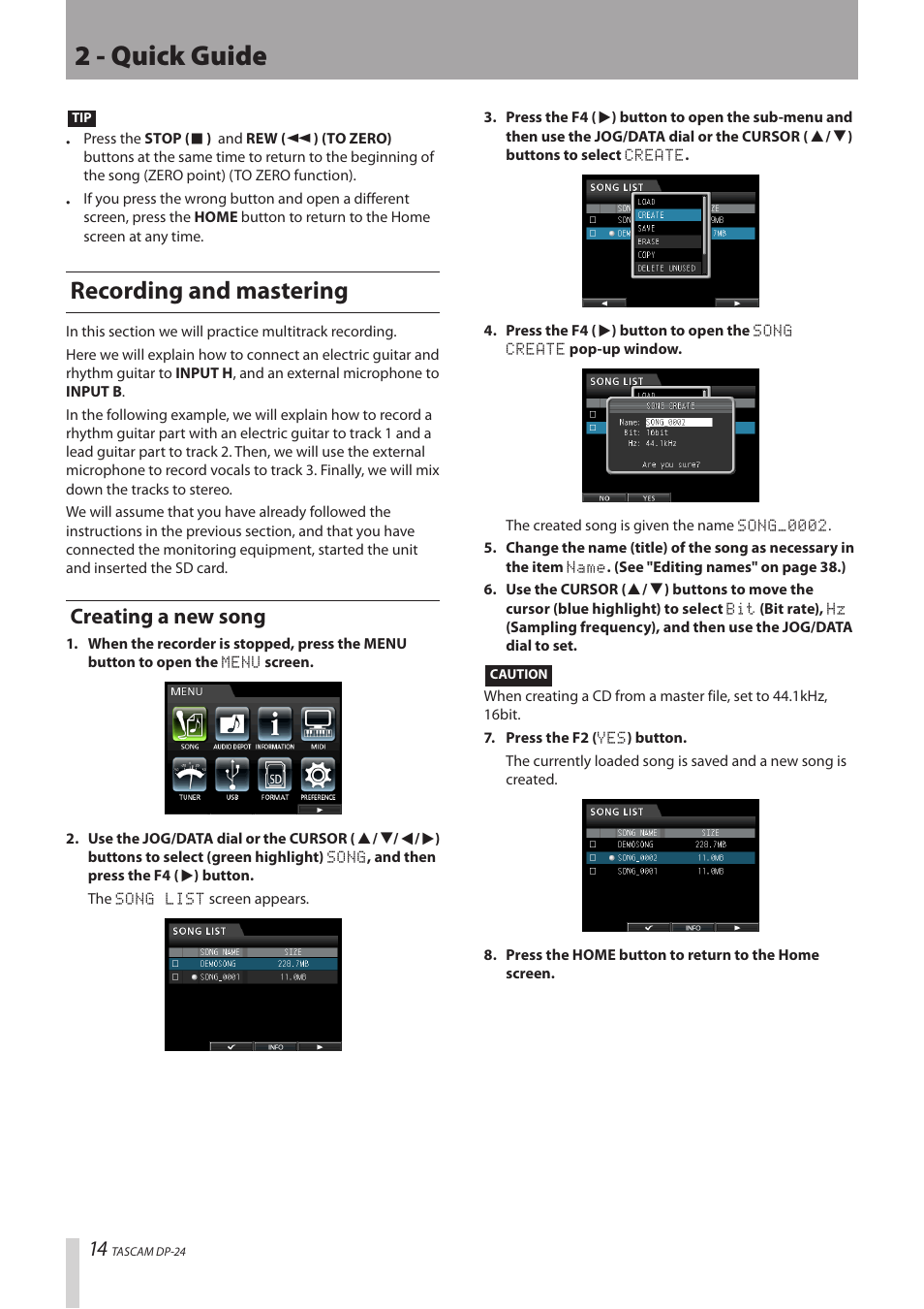 Recording and mastering, Creating a new song, 2 - quick guide | Teac DP-24 User Manual | Page 14 / 108