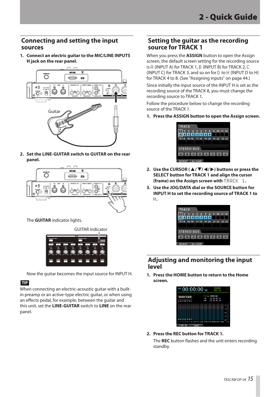 Connecting and setting the input sources, Adjusting and monitoring the input level, Track 1 adjusting and monitoring the input level | 2 - quick guide | Teac DP-24 User Manual | Page 15 / 108