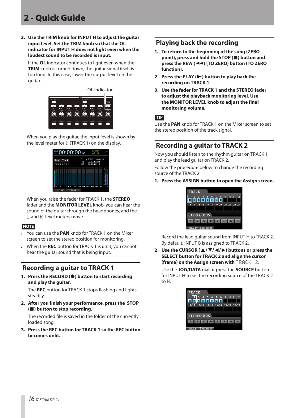 Recording a guitar to track 1, Playing back the recording, Recording a guitar to track 2 | 2 - quick guide | Teac DP-24 User Manual | Page 16 / 108