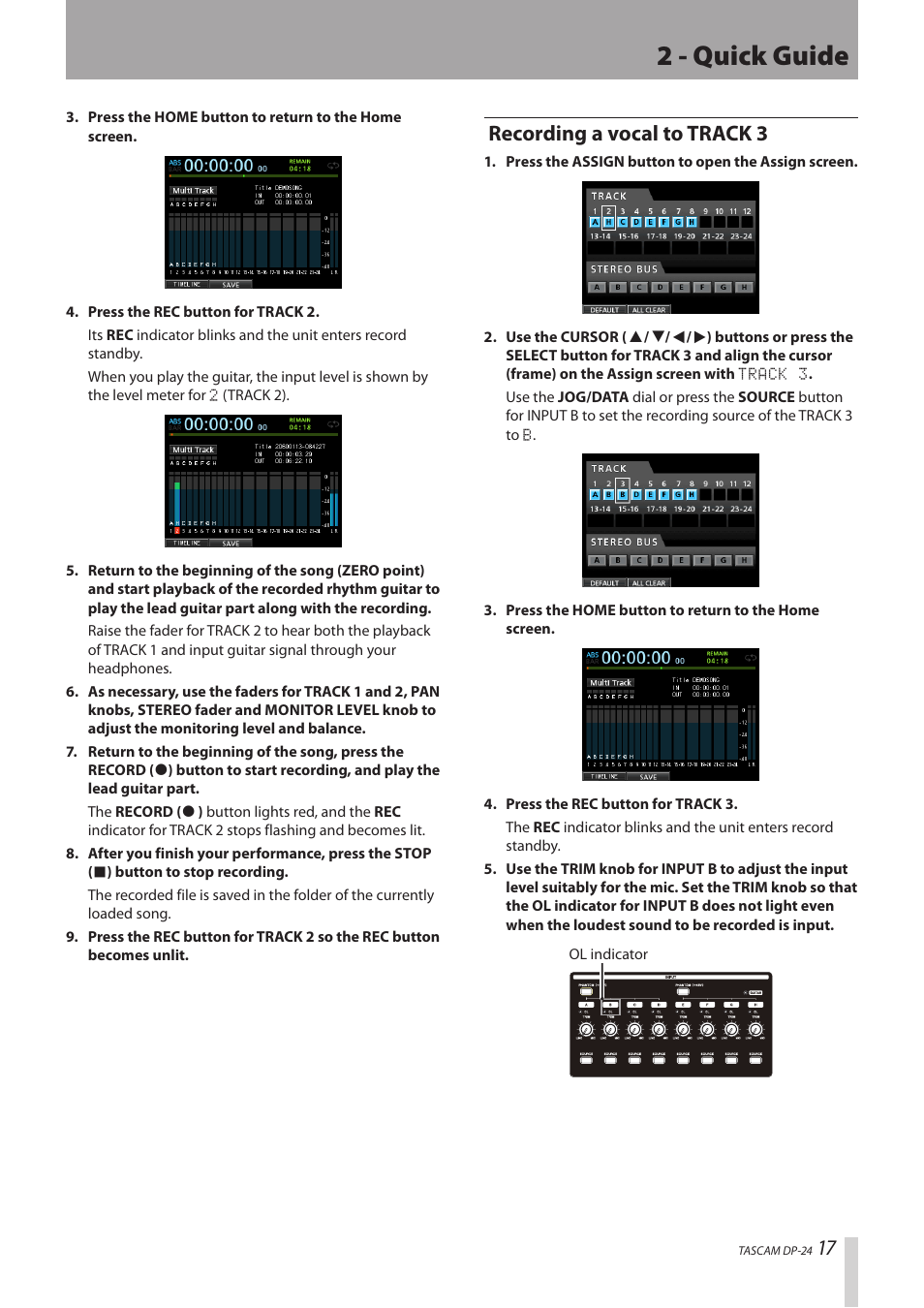 Recording a vocal to track 3, 2 - quick guide | Teac DP-24 User Manual | Page 17 / 108