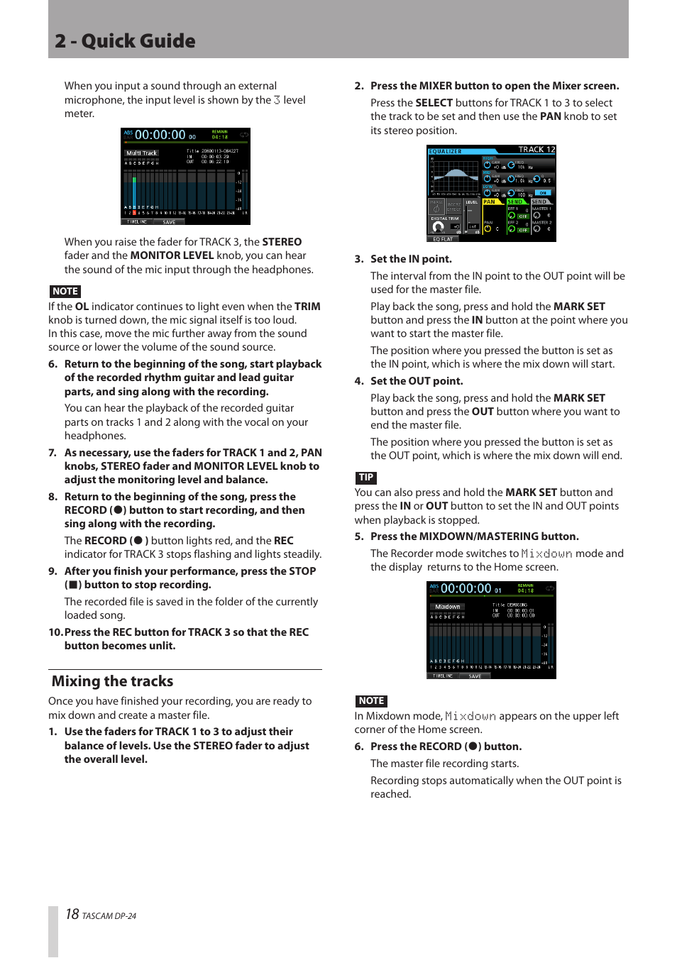 Mixing the tracks, 2 - quick guide | Teac DP-24 User Manual | Page 18 / 108