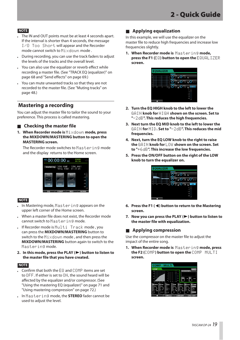 Mastering a recording, 2 - quick guide | Teac DP-24 User Manual | Page 19 / 108