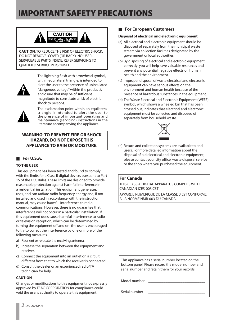 Important safety precautions | Teac DP-24 User Manual | Page 2 / 108