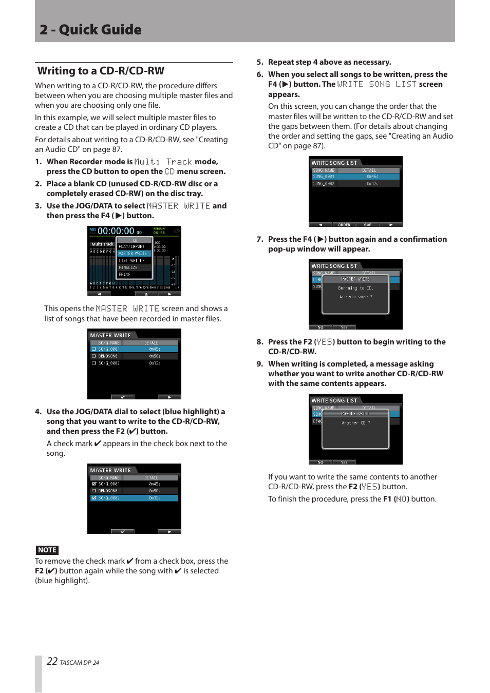 Writing to a cd-r/cd-rw, 2 - quick guide | Teac DP-24 User Manual | Page 22 / 108