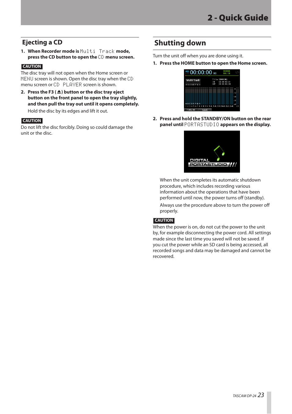 Ejecting a cd, Shutting down, 2 - quick guide | Teac DP-24 User Manual | Page 23 / 108