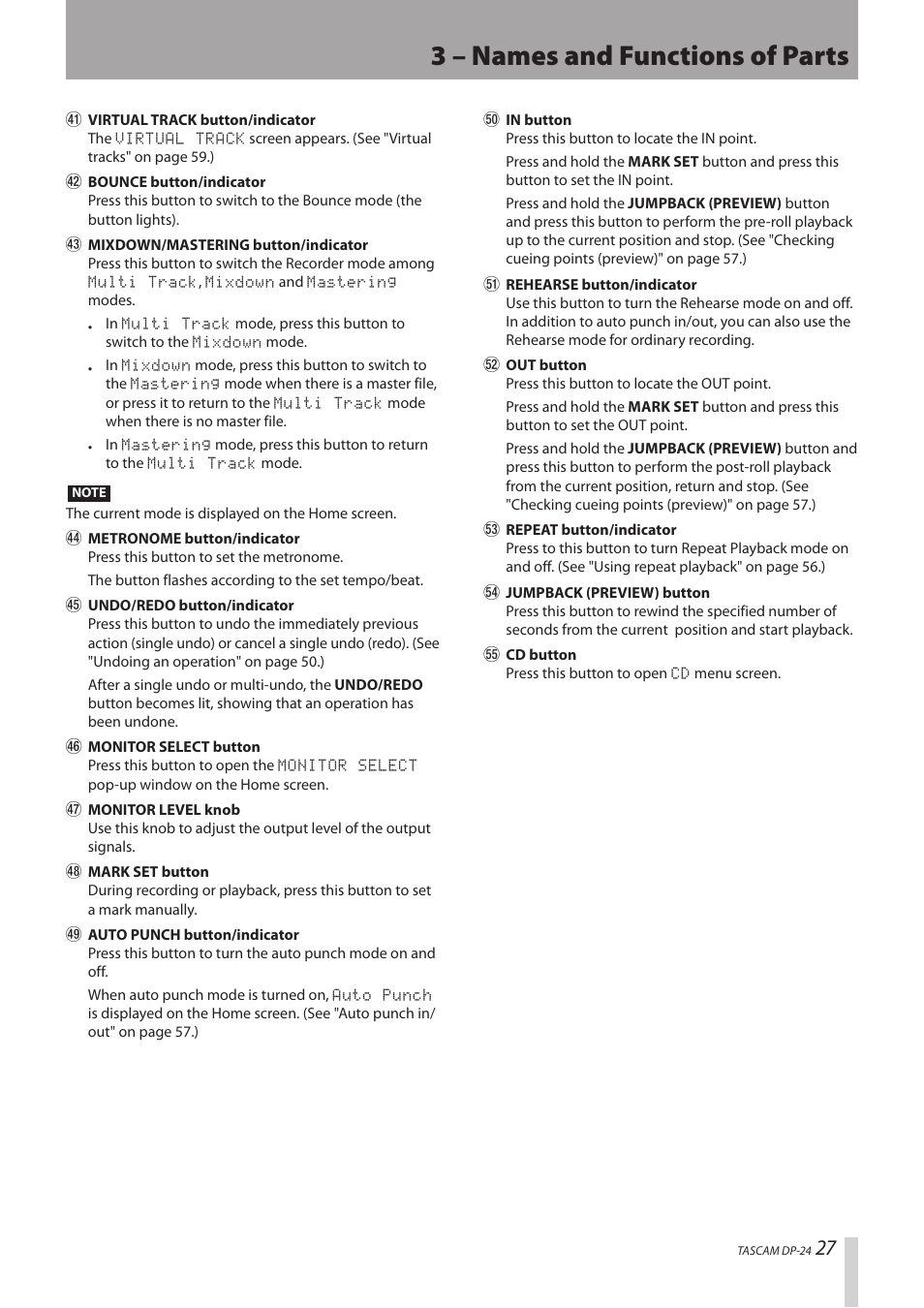 3 – names and functions of parts | Teac DP-24 User Manual | Page 27 / 108