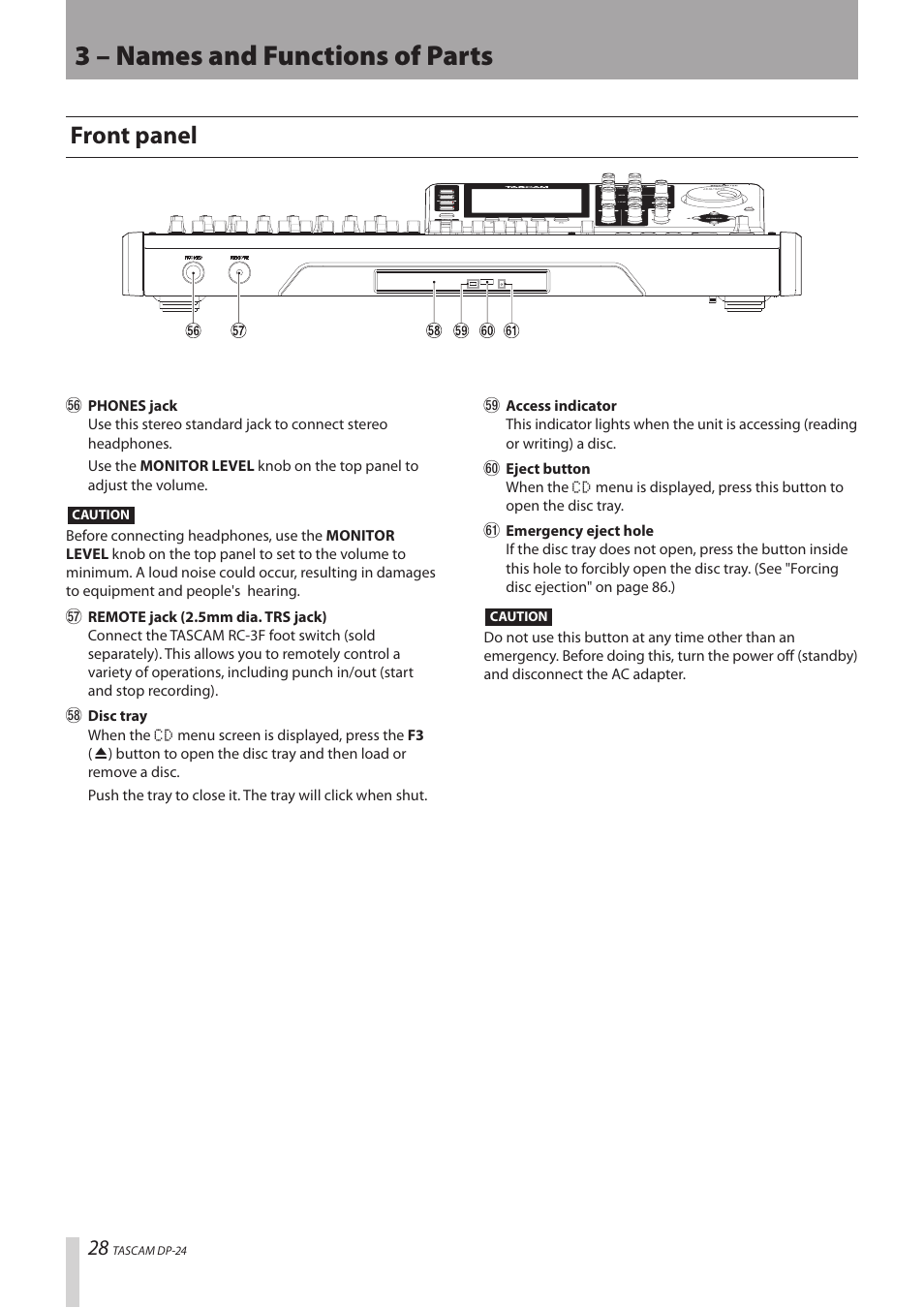 Front panel, 3 – names and functions of parts | Teac DP-24 User Manual | Page 28 / 108