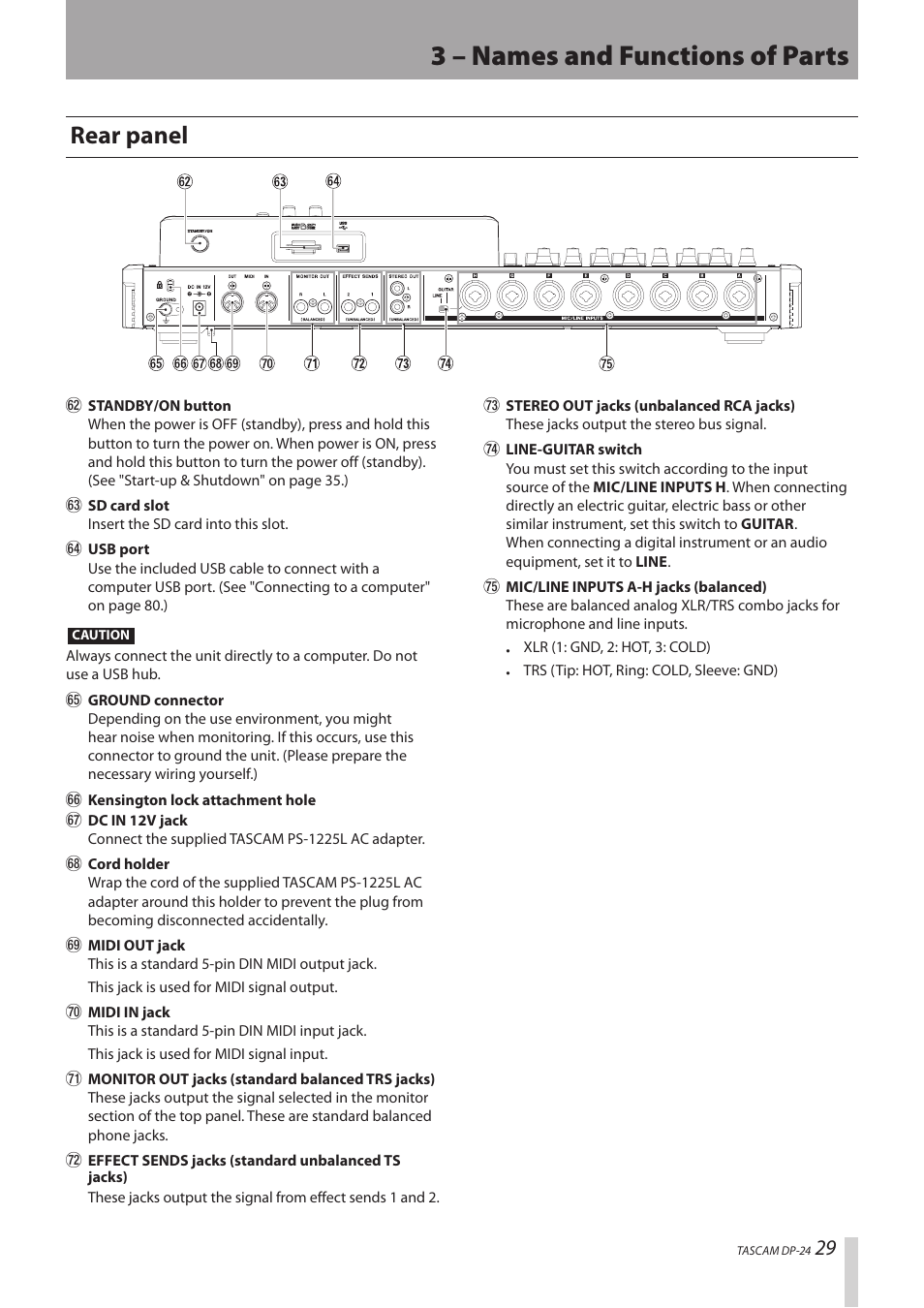 Rear panel, 3 – names and functions of parts | Teac DP-24 User Manual | Page 29 / 108