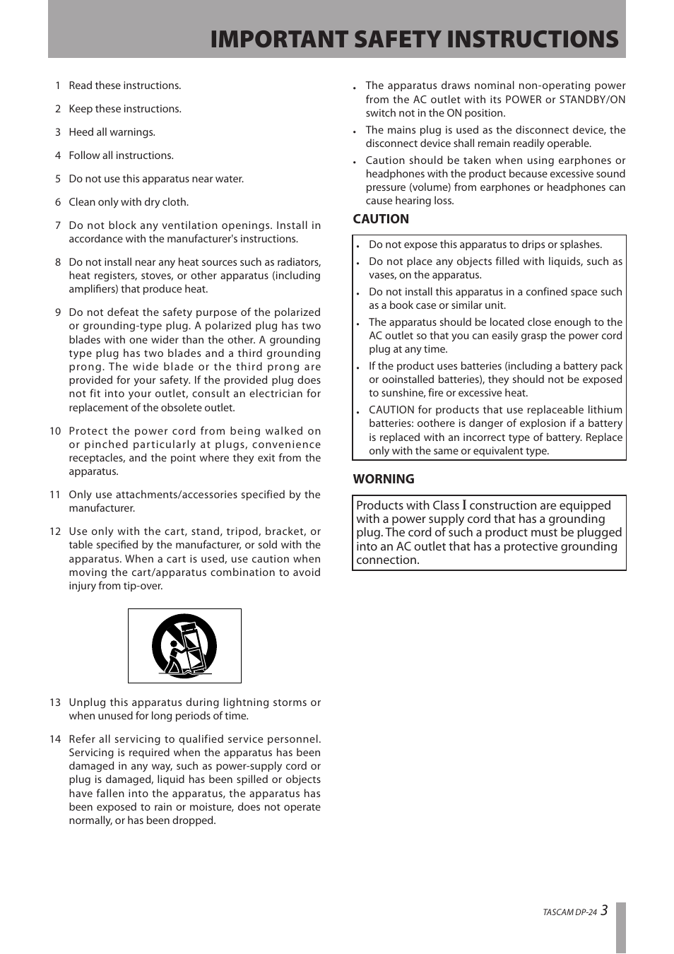 Important safety instructions | Teac DP-24 User Manual | Page 3 / 108