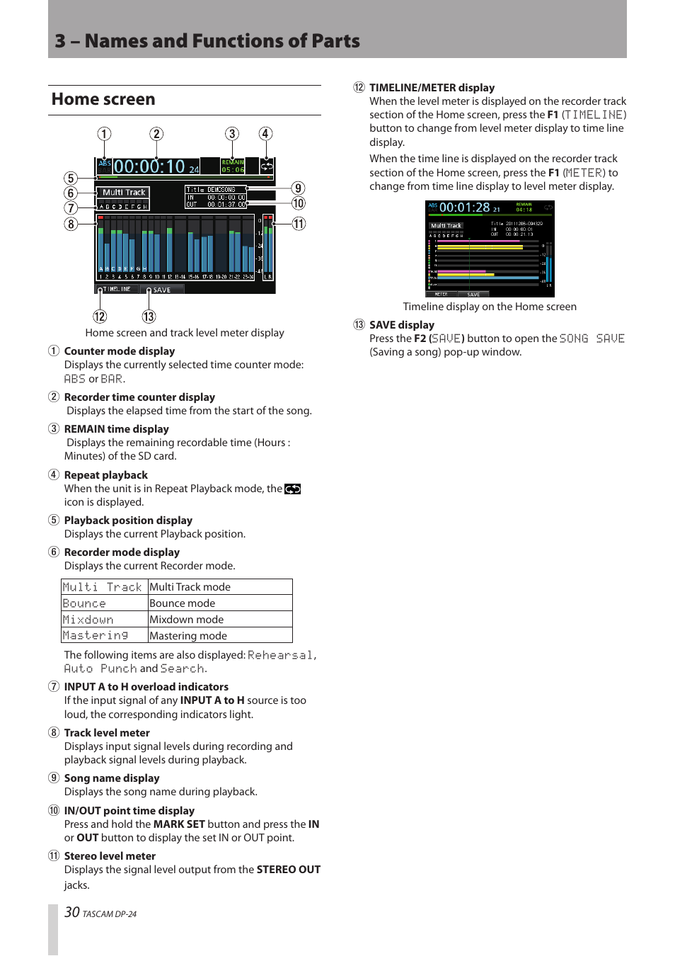 Home screen, 3 – names and functions of parts | Teac DP-24 User Manual | Page 30 / 108