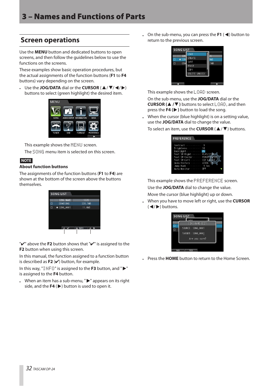 Screen operations, 3 – names and functions of parts | Teac DP-24 User Manual | Page 32 / 108