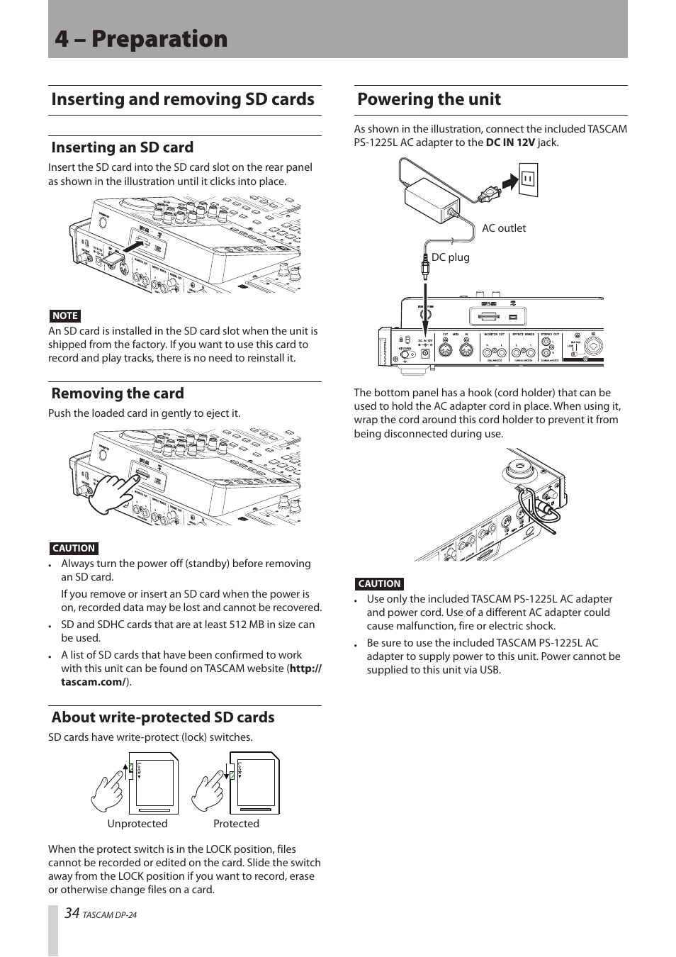 4 – preparation, Inserting and removing sd cards, Inserting an sd card | Removing the card, About write-protected sd cards, Powering the unit | Teac DP-24 User Manual | Page 34 / 108