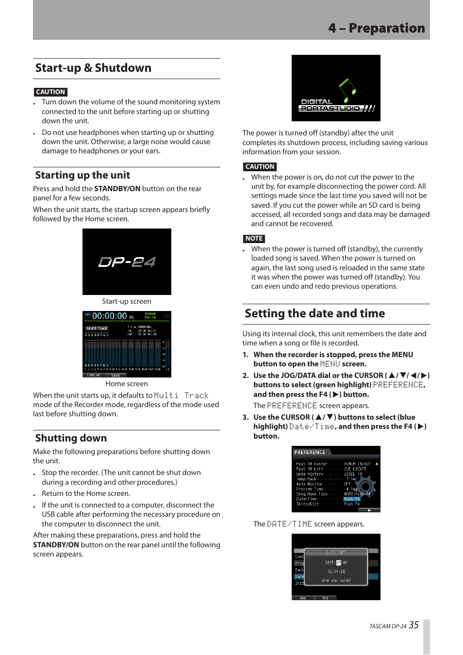 Start-up & shutdown, Starting up the unit, Shutting down | Setting the date and time, Starting up the unit shutting down, 4 – preparation | Teac DP-24 User Manual | Page 35 / 108