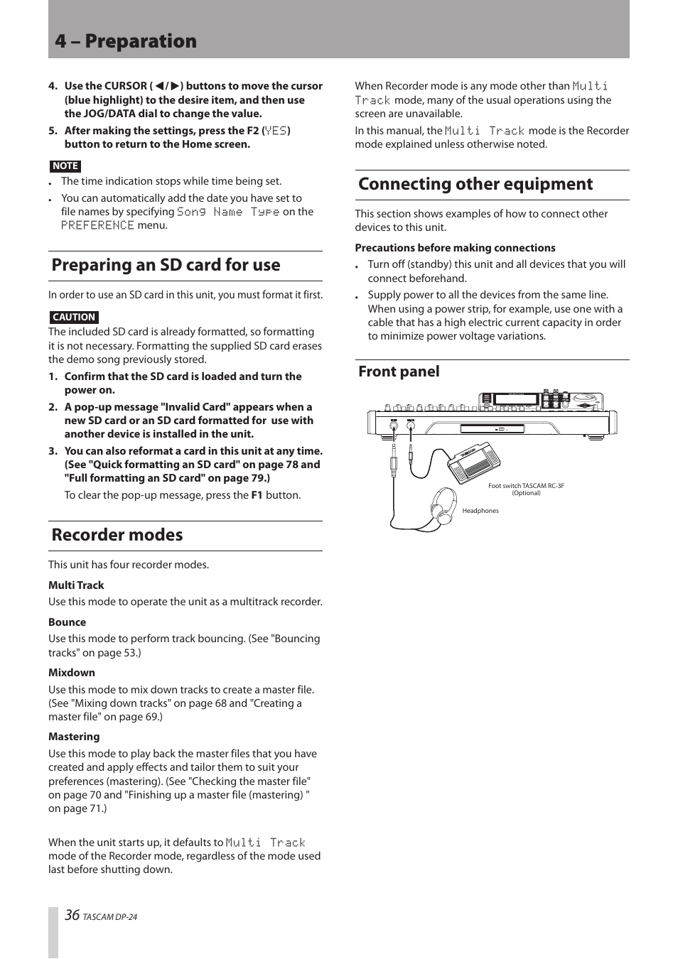 Preparing an sd card for use, Recorder modes, Connecting other equipment | Front panel, 4 – preparation | Teac DP-24 User Manual | Page 36 / 108