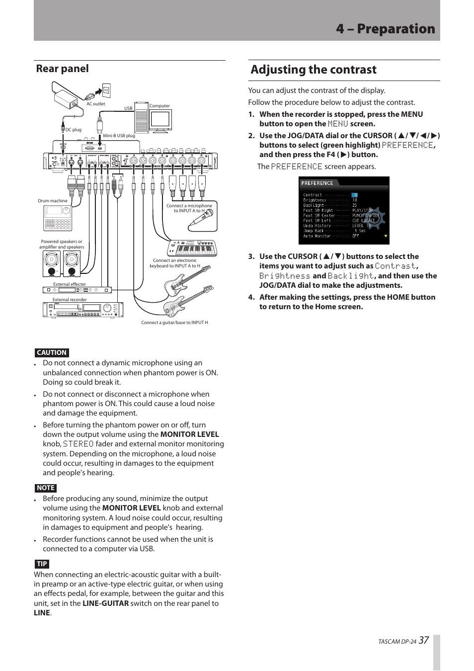 Rear panel, Adjusting the contrast, 4 – preparation | Teac DP-24 User Manual | Page 37 / 108