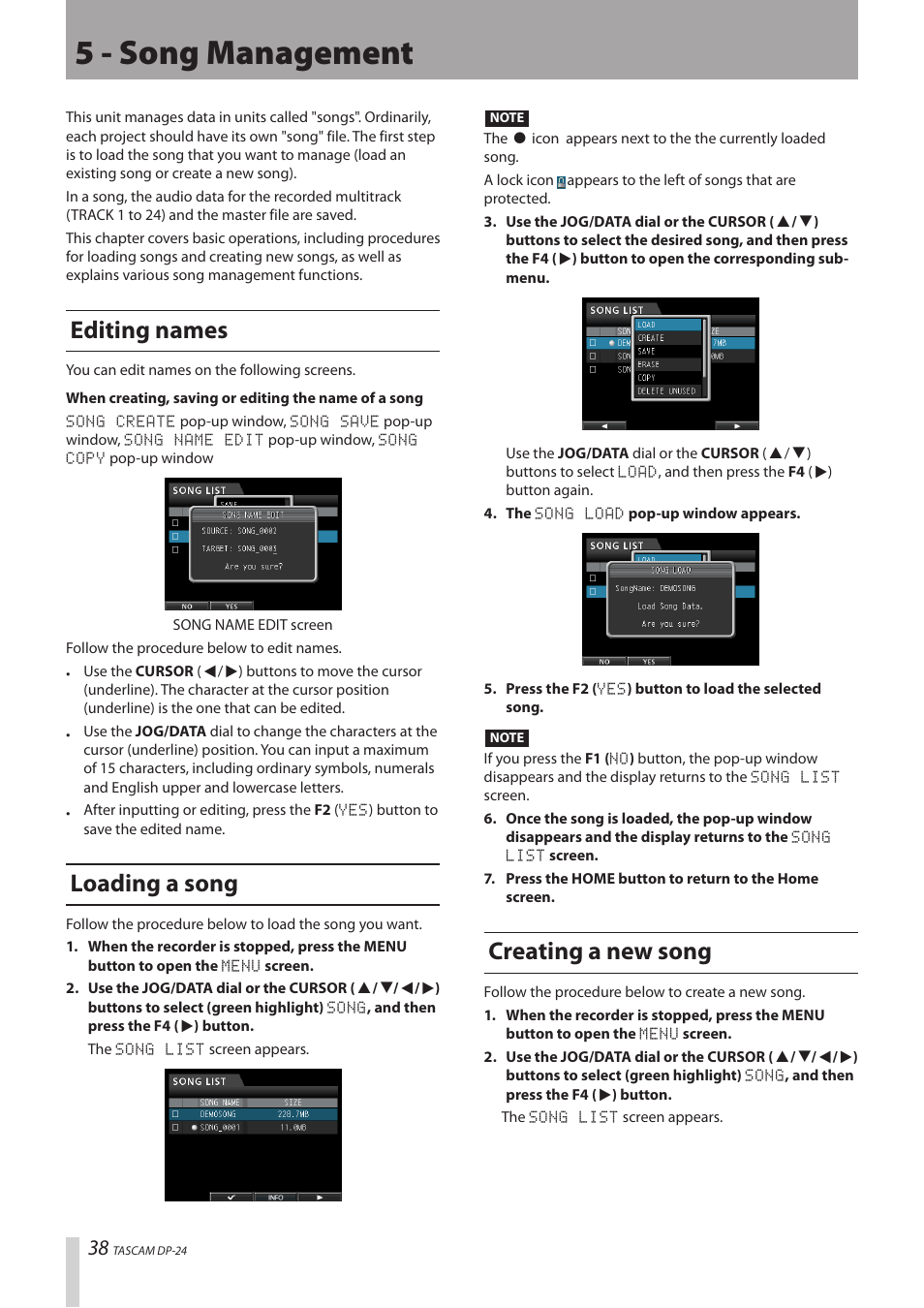 5 - song management, Editing names, Loading a song | Creating a new song, Editing names loading a song creating a new song | Teac DP-24 User Manual | Page 38 / 108