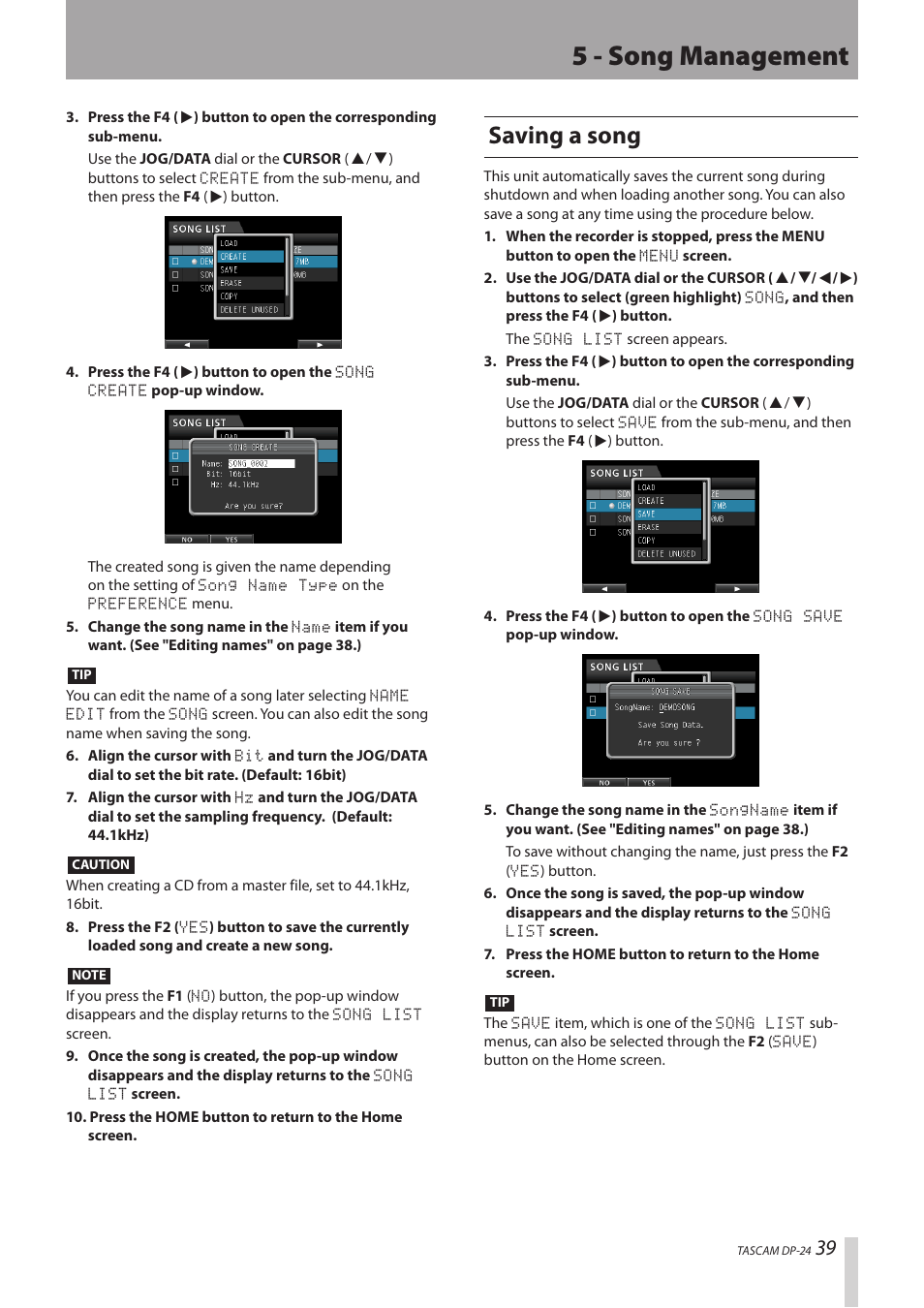 Saving a song, 5 - song management | Teac DP-24 User Manual | Page 39 / 108