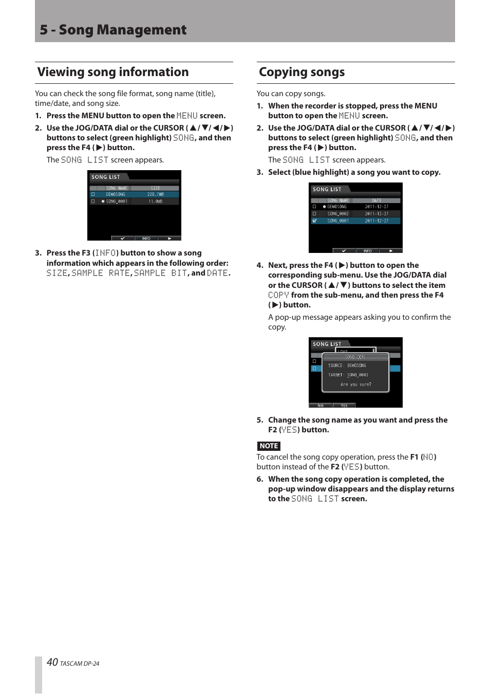 Viewing song information, Copying songs, Viewing song information copying songs | 5 - song management | Teac DP-24 User Manual | Page 40 / 108