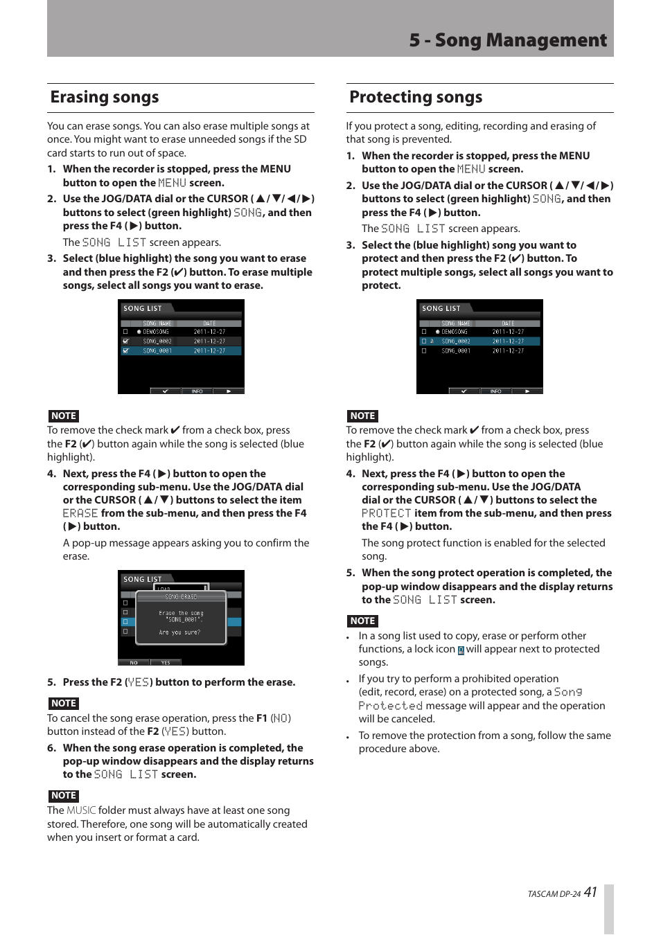 Erasing songs, Protecting songs, Erasing songs protecting songs | 5 - song management | Teac DP-24 User Manual | Page 41 / 108