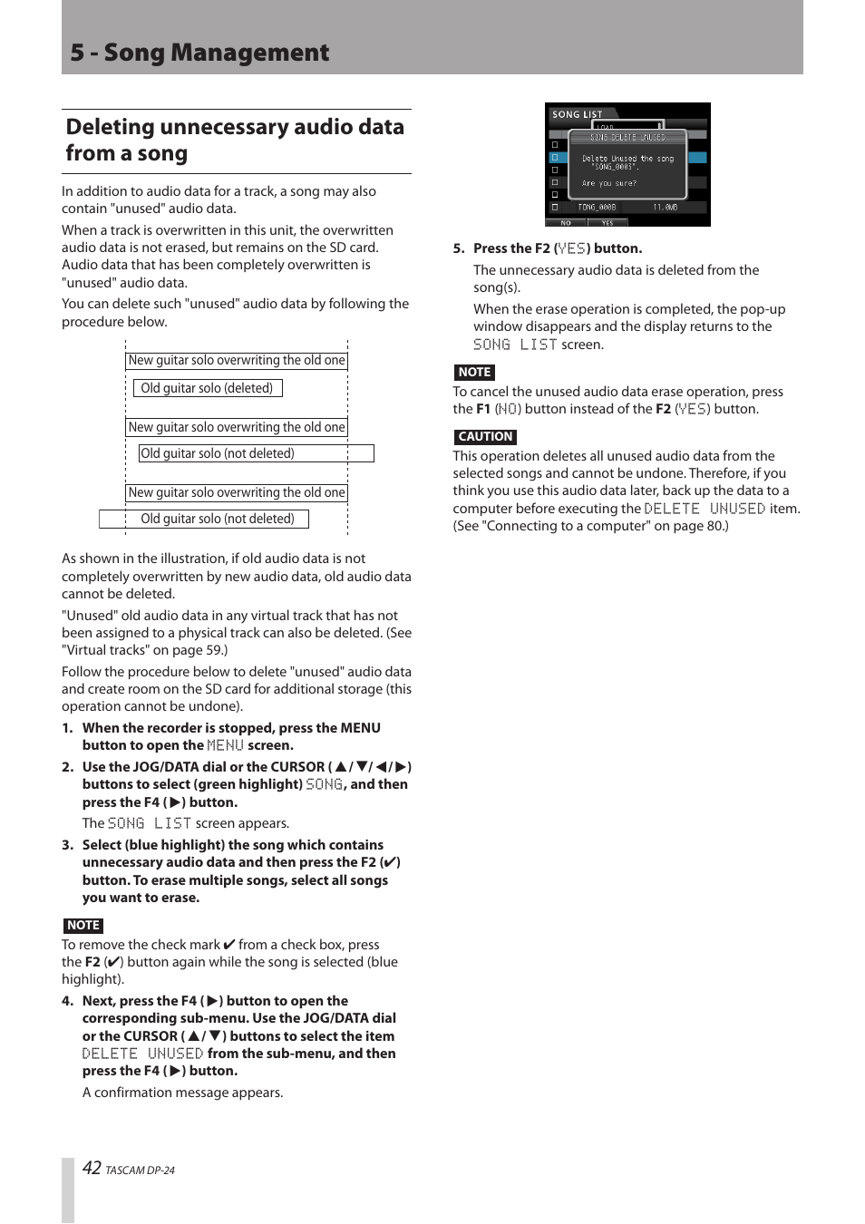 Deleting unnecessary audio data from a song, 5 - song management | Teac DP-24 User Manual | Page 42 / 108