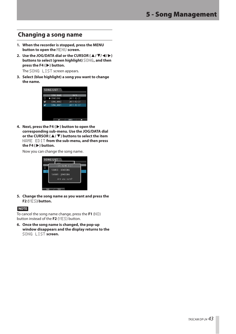 Changing a song name, 5 - song management | Teac DP-24 User Manual | Page 43 / 108