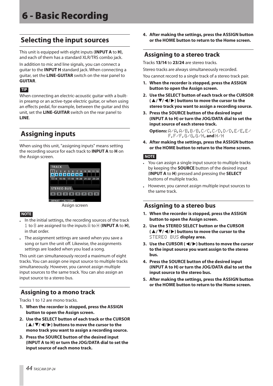 6 - basic recording, Selecting the input sources, Assigning inputs | Assigning to a mono track, Assigning to a stereo track, Assigning to a stereo bus, Selecting the input sources assigning inputs | Teac DP-24 User Manual | Page 44 / 108