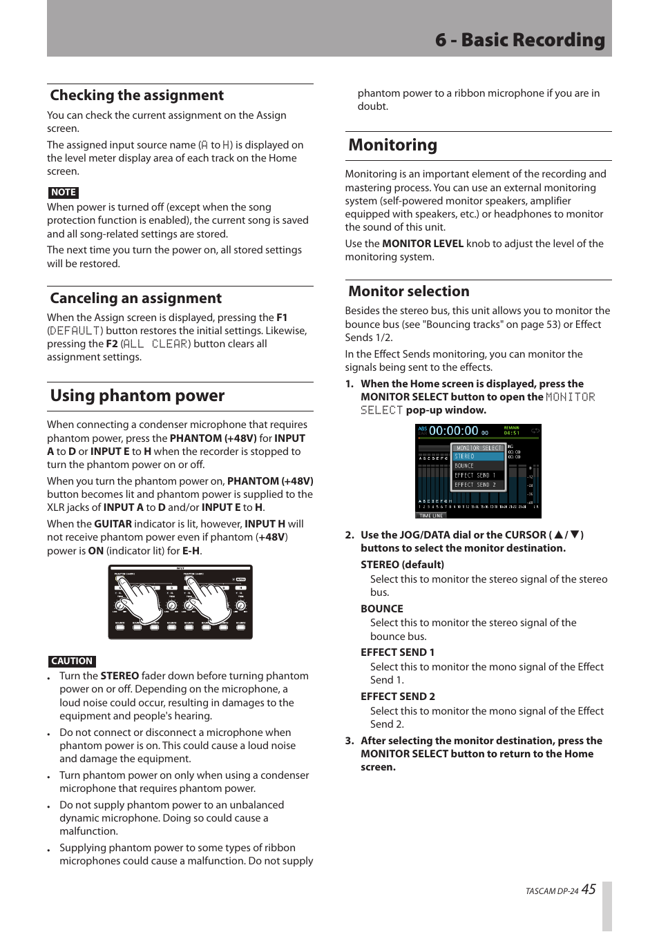 Checking the assignment, Canceling an assignment, Using phantom power | Monitoring, Monitor selection, Checking the assignment canceling an assignment, Using phantom power monitoring, 6 - basic recording, 45 checking the assignment | Teac DP-24 User Manual | Page 45 / 108