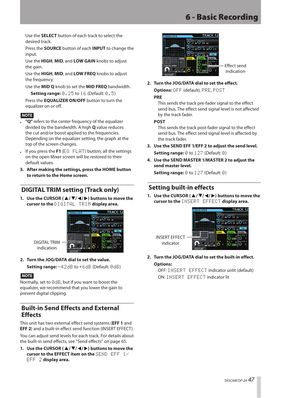 Digital trim setting (track only), Built-in send effects and external effects, Setting built-in effects | 6 - basic recording | Teac DP-24 User Manual | Page 47 / 108