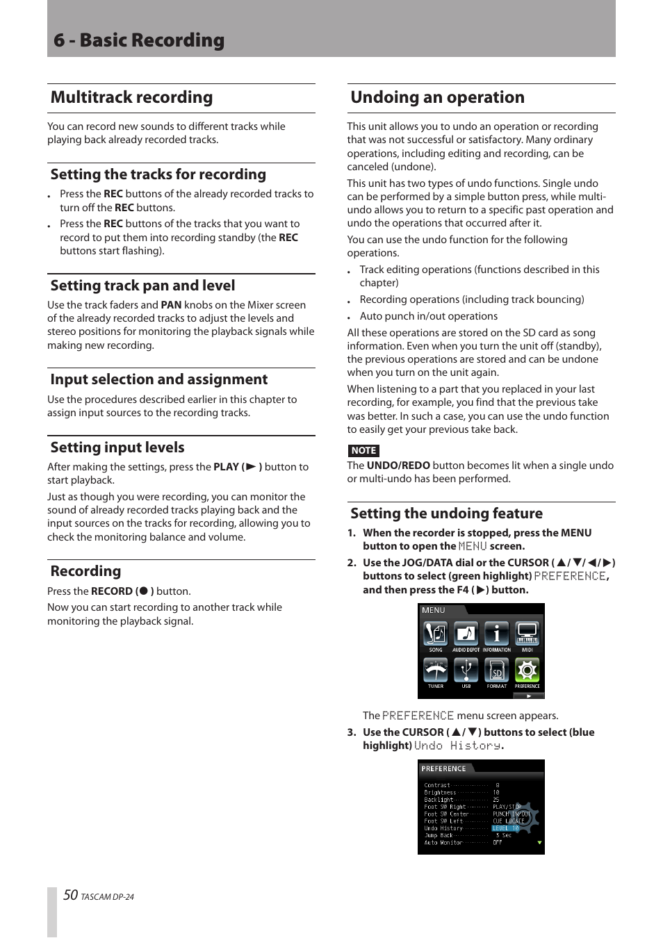 Multitrack recording, Setting the tracks for recording, Setting track pan and level | Input selection and assignment, Setting input levels, Recording, Undoing an operation, Setting the undoing feature, 6 - basic recording | Teac DP-24 User Manual | Page 50 / 108