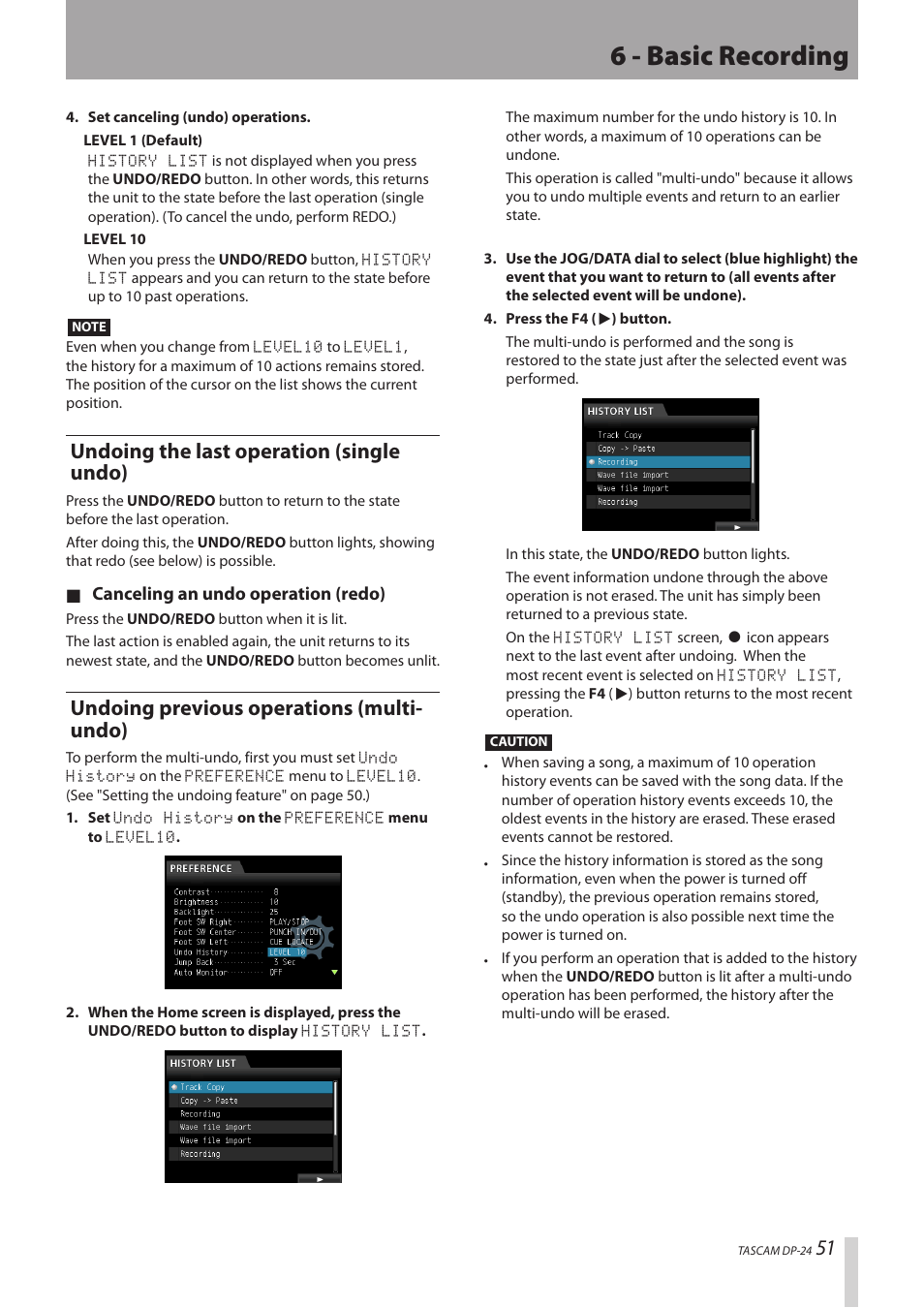 Undoing the last operation (single undo), Undoing previous operations (multi-undo), 6 - basic recording | Undoing previous operations (multi- undo) | Teac DP-24 User Manual | Page 51 / 108