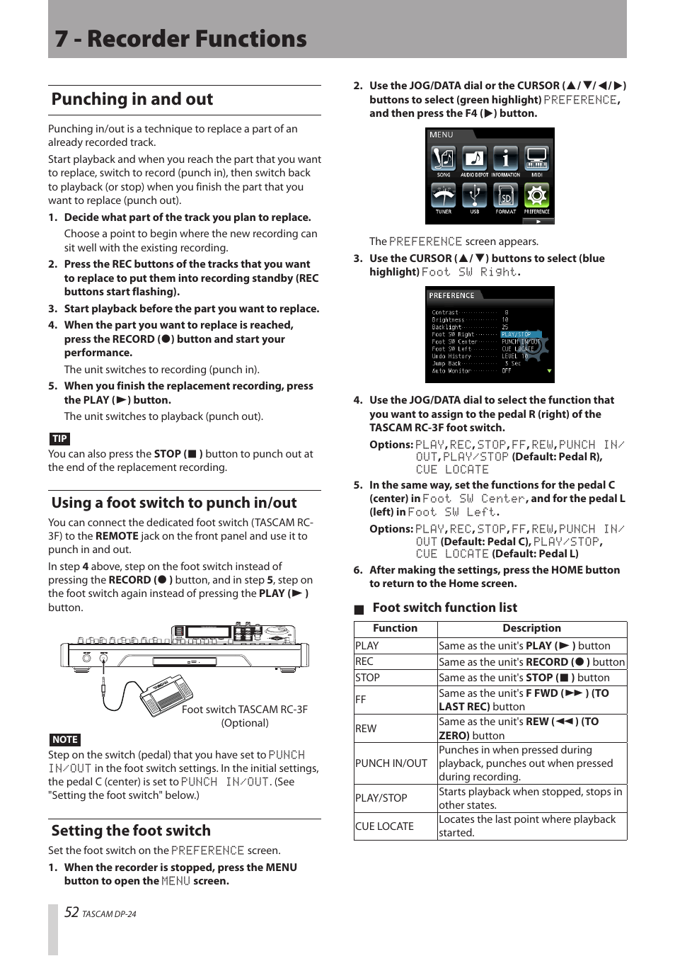 7 - recorder functions, Punching in and out, Using a foot switch to punch in/out | Setting the foot switch | Teac DP-24 User Manual | Page 52 / 108