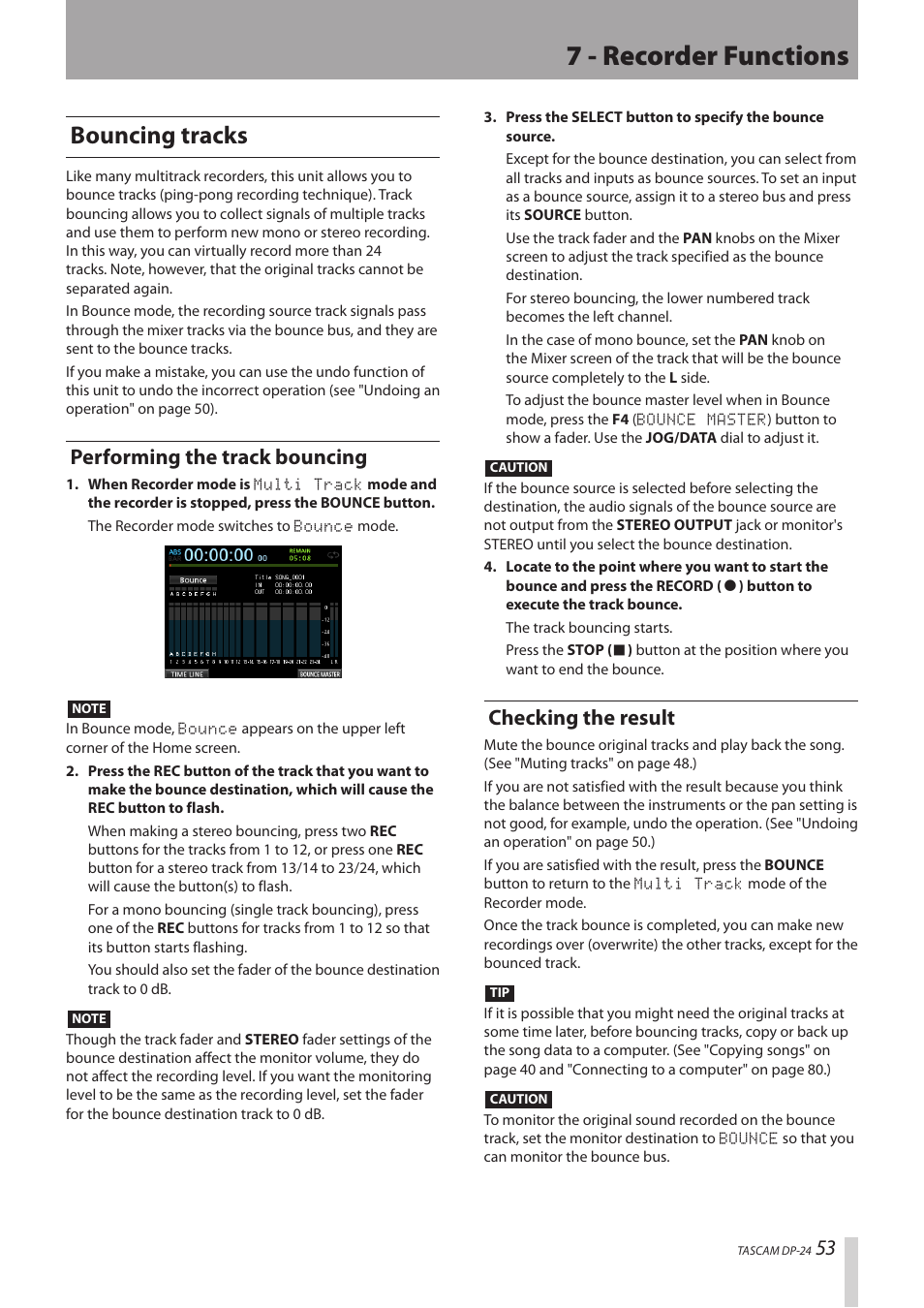 Bouncing tracks, Performing the track bouncing, Checking the result | Performing the track bouncing checking the result, 7 - recorder functions | Teac DP-24 User Manual | Page 53 / 108