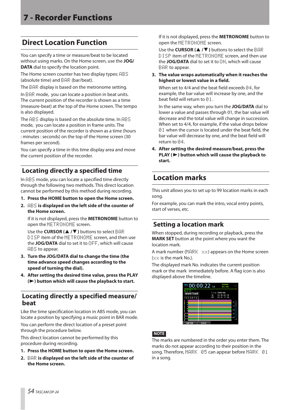 Direct location function, Locating directly a specified time, Locating directly a specified measure/beat | Location marks, Setting a location mark, 7 - recorder functions, Locating directly a specified measure/ beat | Teac DP-24 User Manual | Page 54 / 108