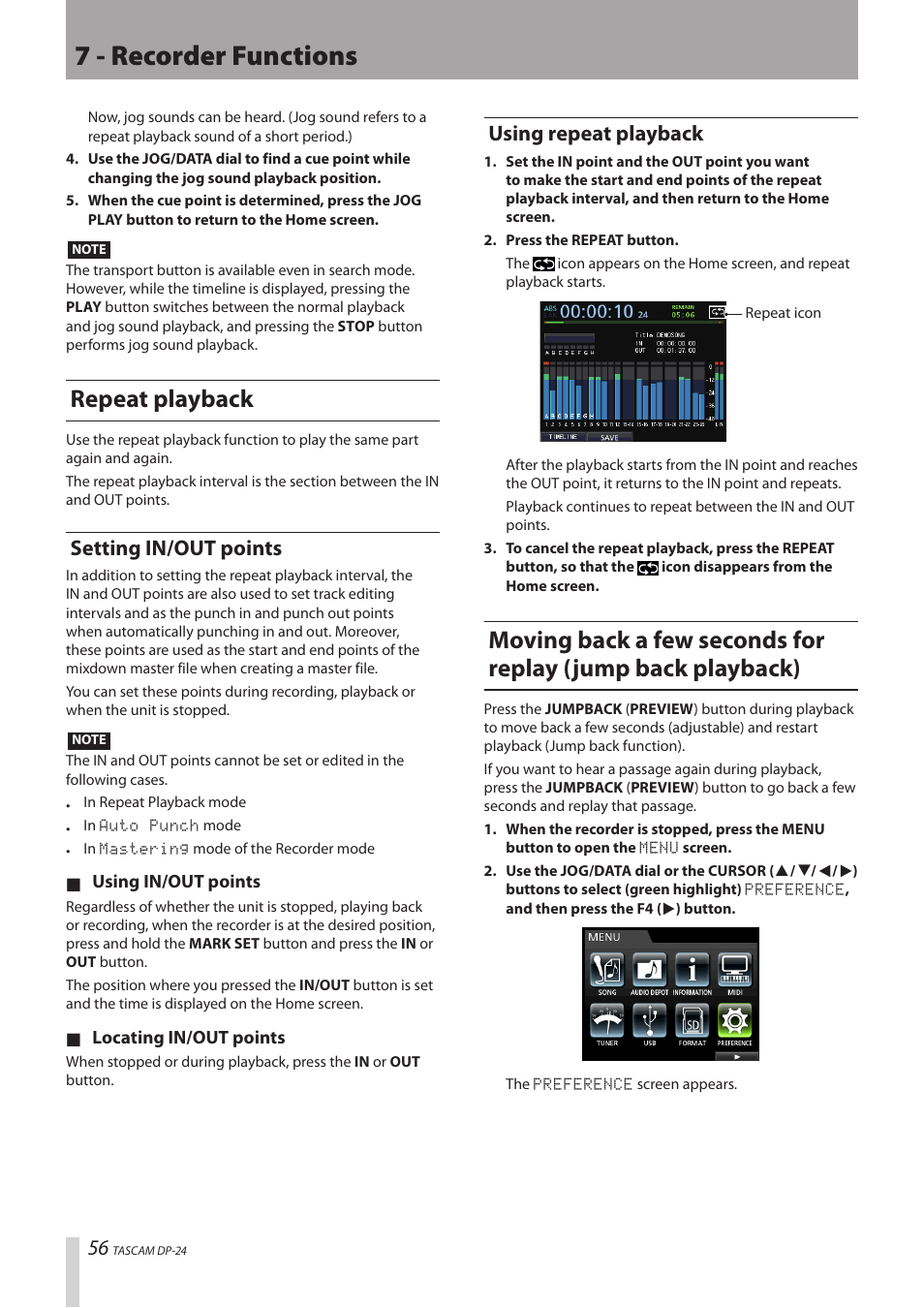 Repeat playback, Setting in/out points, Using repeat playback | Setting in/out points using repeat playback, Moving back a few seconds for replay (jump back, Playback), 7 - recorder functions | Teac DP-24 User Manual | Page 56 / 108