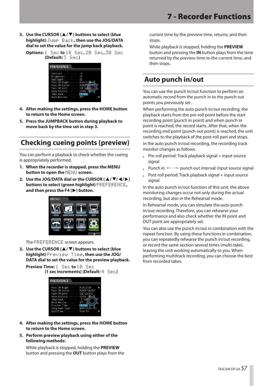 Checking cueing points (preview), Auto punch in/out, Checking cueing points (preview) auto punch in/out | 7 - recorder functions | Teac DP-24 User Manual | Page 57 / 108